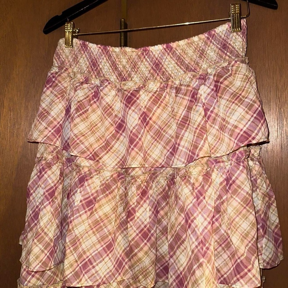 Free People Layered Tiered Maxi Long Gingham Plaid Skirt in Pink and Cream - Picture 5 of 7